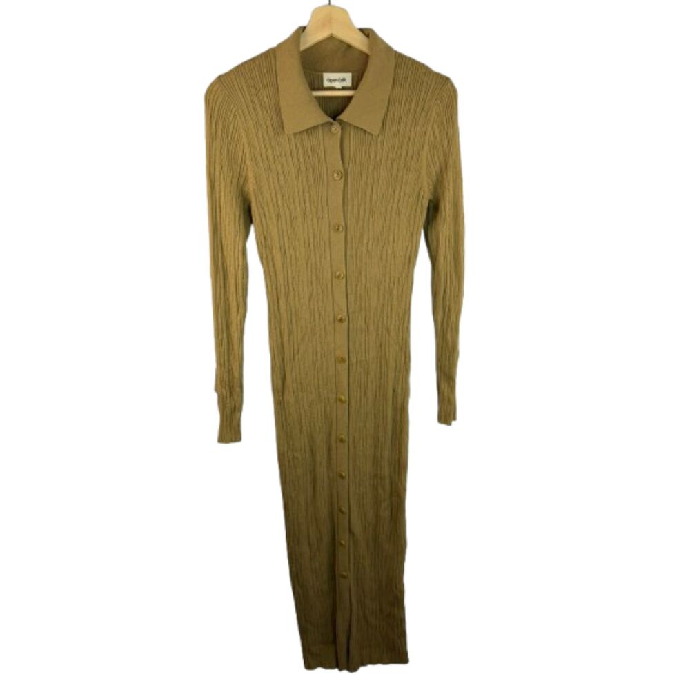 Open Edit Ribbed Knit Midi Dress Button Front Collared Tan Size M
